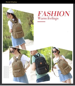 Outdoor lifestyle shot of casual canvas backpacks in khaki and black with round leather logo