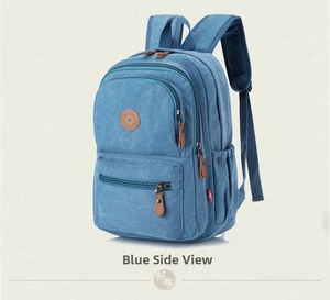 Detail of blue canvas backpack featuring leather zipper pulls and side water bottle pocket