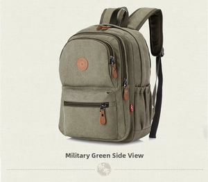 Side view of army green canvas backpack featuring multi-layer zippers and star emblem