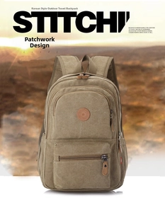 Khaki canvas backpack featuring a durable structure with star emblem for outdoor travel