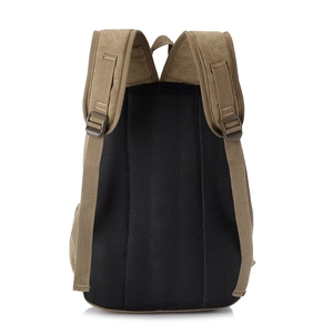 Khaki canvas backpack with breathable black mesh back padding and ergonomic S-straps