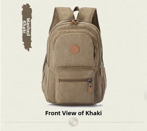 Front view of khaki washed canvas backpack with leather patch and double zipper pockets