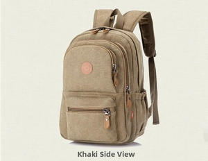 Side view of khaki washed canvas backpack showing layered pockets and durable texture