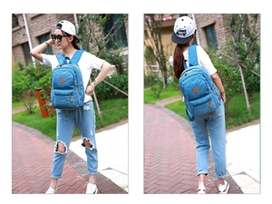 Detailed side and back view of durable blue canvas backpack with multi-zipper pockets