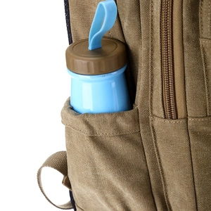 Khaki canvas backpack featuring a functional side pocket with a blue water bottle inside