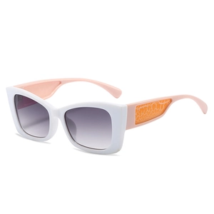 White cat eye sunglasses with crocodile texture temples and purple gradient lenses