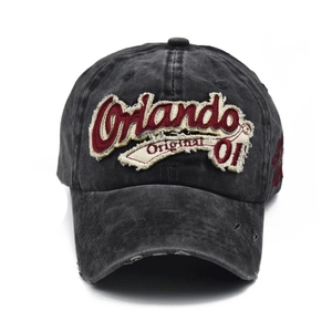 Washed denim baseball cap with Orlando letter embroidery and distressed vintage details