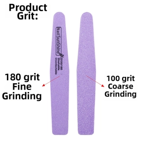Detail showing 100/180 grit purple nail buffer file for sanding and polishing nails