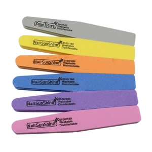 Washable 100/180 grit diamond nail buffers in six colors with branding details