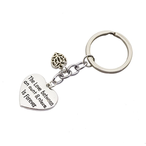 Detailed view of silver heart keychain with Aunt & Niece Forever engraved text