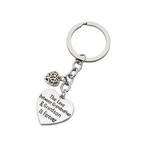 Close-up of silver keychain with heart pendants and grandmother grandson engraving