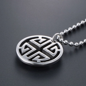 Vintage hollow double circle pendant necklace with spherical chain on black background