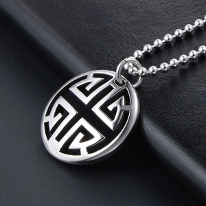 Vintage silver hollow double circular pendant necklace with geometric pattern and metal bead chain