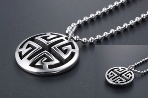 Detailed view of vintage silver hollow double circle pendant necklace on a bead chain