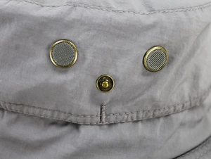 Détails des œillets d'aération en bronze et des boutons-pression du chapeau gris