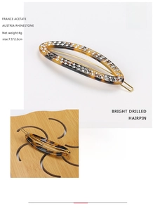 Detail view of acetate hairpin with Austria rhinestones and technical specifications