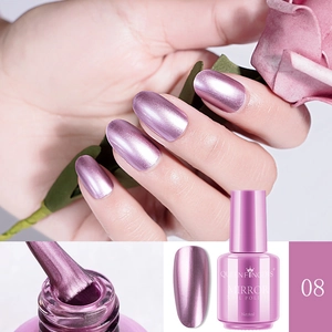 Macro detail of metallic purple mirror nail polish brush and 8ml bottle with glossy finish