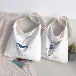 Minimalist white canvas tote bags with whale and Aphrodite art prints for daily use