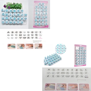 Detailed view of 26 uppercase and lowercase letter cookie cutters with dimensions