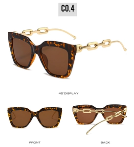 Detailed views of tortoise shell square sunglasses featuring gold metal chain temples