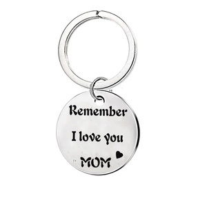 Silver stainless steel keychain with Remember I love you MOM engraving and heart icon