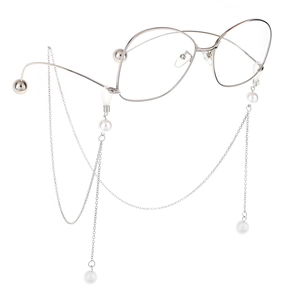 Fashionable silver chain glasses with pearls, 45-degree angle product view on white background