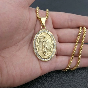 Gold hip hop pendant necklace with Virgin Mary relief and clear zircon stones