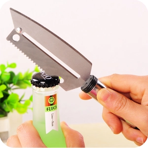 Multifunctional stainless steel bottle opener and peeler tool opening a bottle cap