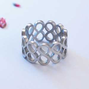 Brushed silver stainless steel wide ring with hollow infinity figure 8 pattern design