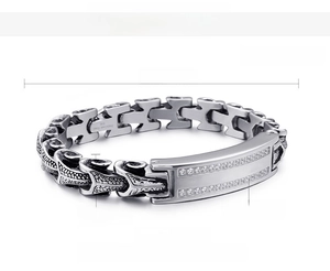 Detailed size specifications for men's stainless steel curb bracelet with cubic zirconia