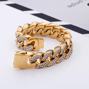 Luxurious gold Cuban link bracelet with iced-out crystals shown in professional side view
