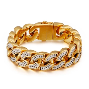 Heavy iced-out gold Cuban link bracelet in stainless steel with crystal pavé setting
