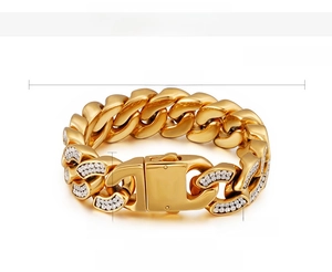Detailed specs of the 20mm iced out Cuban link bracelet in 18K gold plating