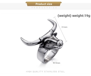 Detail of vintage bull head ring showing 31mm width and 19g weight in stainless steel