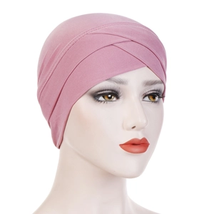 Elastic turban hijab in pink with cross-front design made of soft stretch fabric