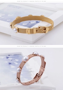 Détail du bracelet en maille d'acier titane avec perles et boucle réglable