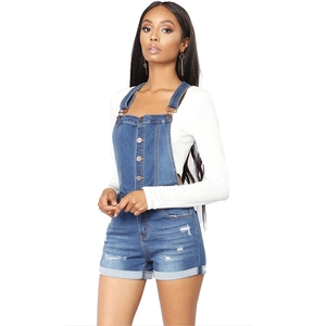 Salopette in denim blu da donna a vita alta con dettagli strappati e vestibilità slim