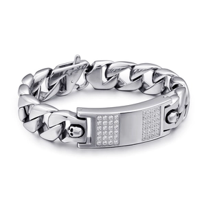 Men's silver stainless steel skull bracelet with cubic zirconia in Cuban chain style