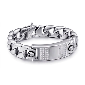 Men Bracelet 316L Stainless Steel Cuban Link Chain ID Plate Zircon Inlaid Skull Punk Gothic Hip Hop Streetwear