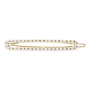 Detailed close-up of a rectangular cream acetate hair clip with sparkling rhinestone edges