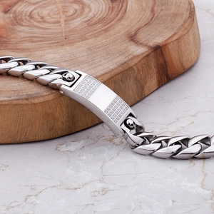 Silver skull Cuban link bracelet with sparkling cubic zirconia on high-quality steel