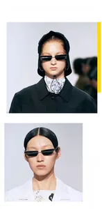 Detail view of trendy narrow cat eye sunglasses on models with pop style aesthetics