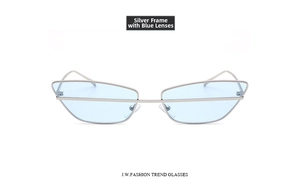 Detailed view of silver metal cat eye frames with light blue lenses and nose pads