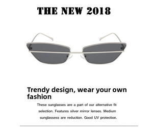 Detail of silver narrow cat-eye sunglasses with metal crossbar and UV mirror lenses
