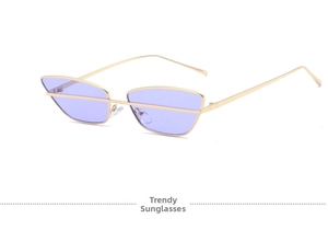 Detail of fashion cat-eye sunglasses featuring purple tinted lenses and slim gold metal frame