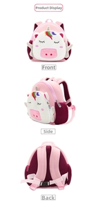 Detailed views showing the front, side and back of this pink unicorn kids backpack