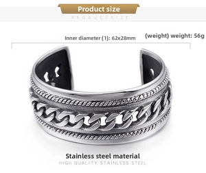 Detail view of 56g vintage stainless steel chain cuff bracelet measuring 62x28mm