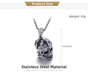 Macro detail of 35g vintage silver skull pendant in stainless steel with 41x27mm dimensions