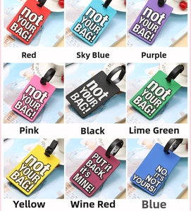 Detailed grid showing colorful PVC luggage tags with bold humorous warning slogans