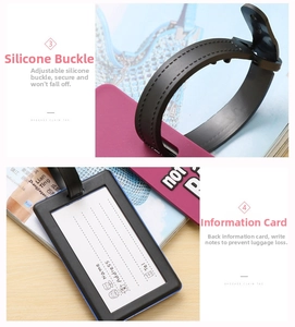 Close-up of PVC luggage tag featuring adjustable silicone strap and back information card